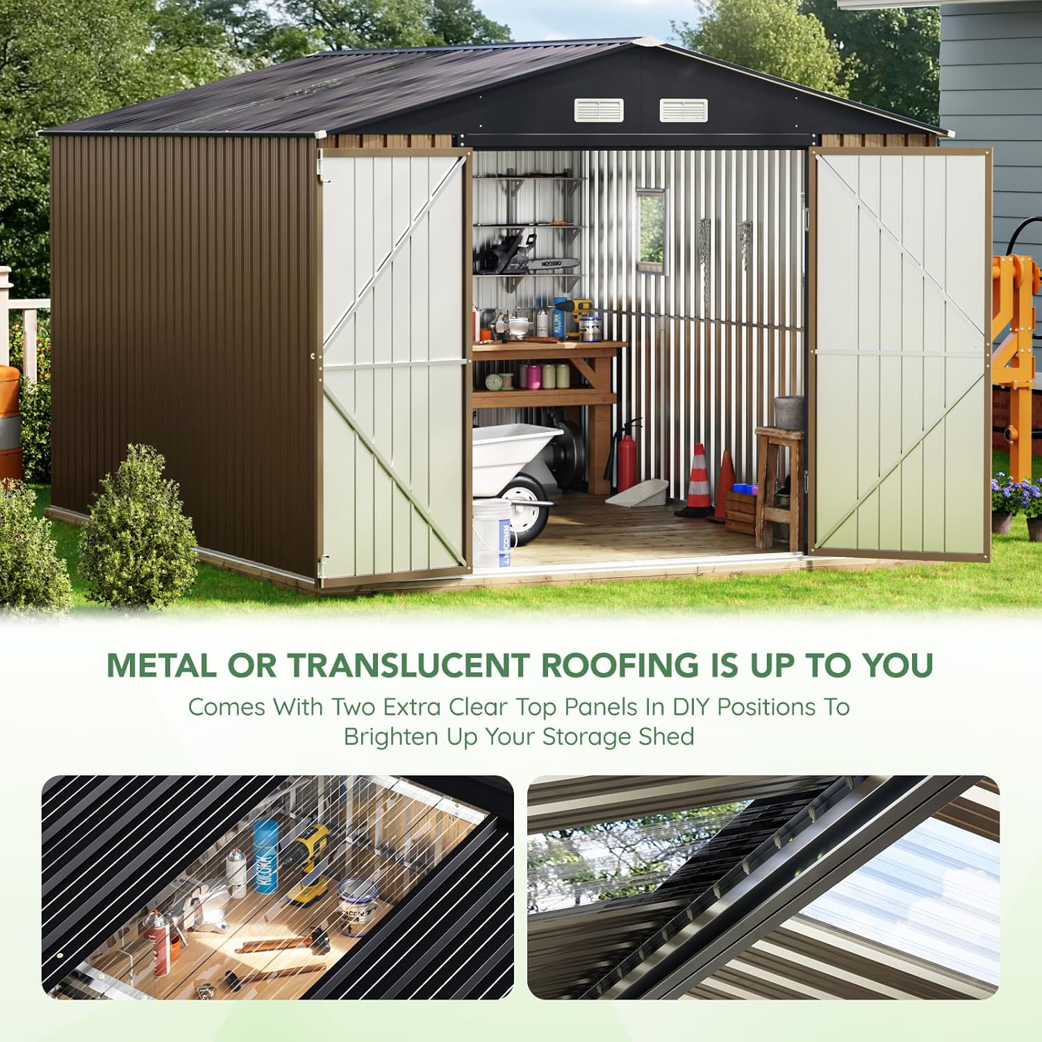 10X12X7.5 FT Outdoor Steel Storage Shed with Lockable Doors, 2 Windows, Transparent Roof Panels, Metal Frame Floor (Wood Panels Not Included), Ideal for Backyard, Patio Storage,Chicken Coop，Brown