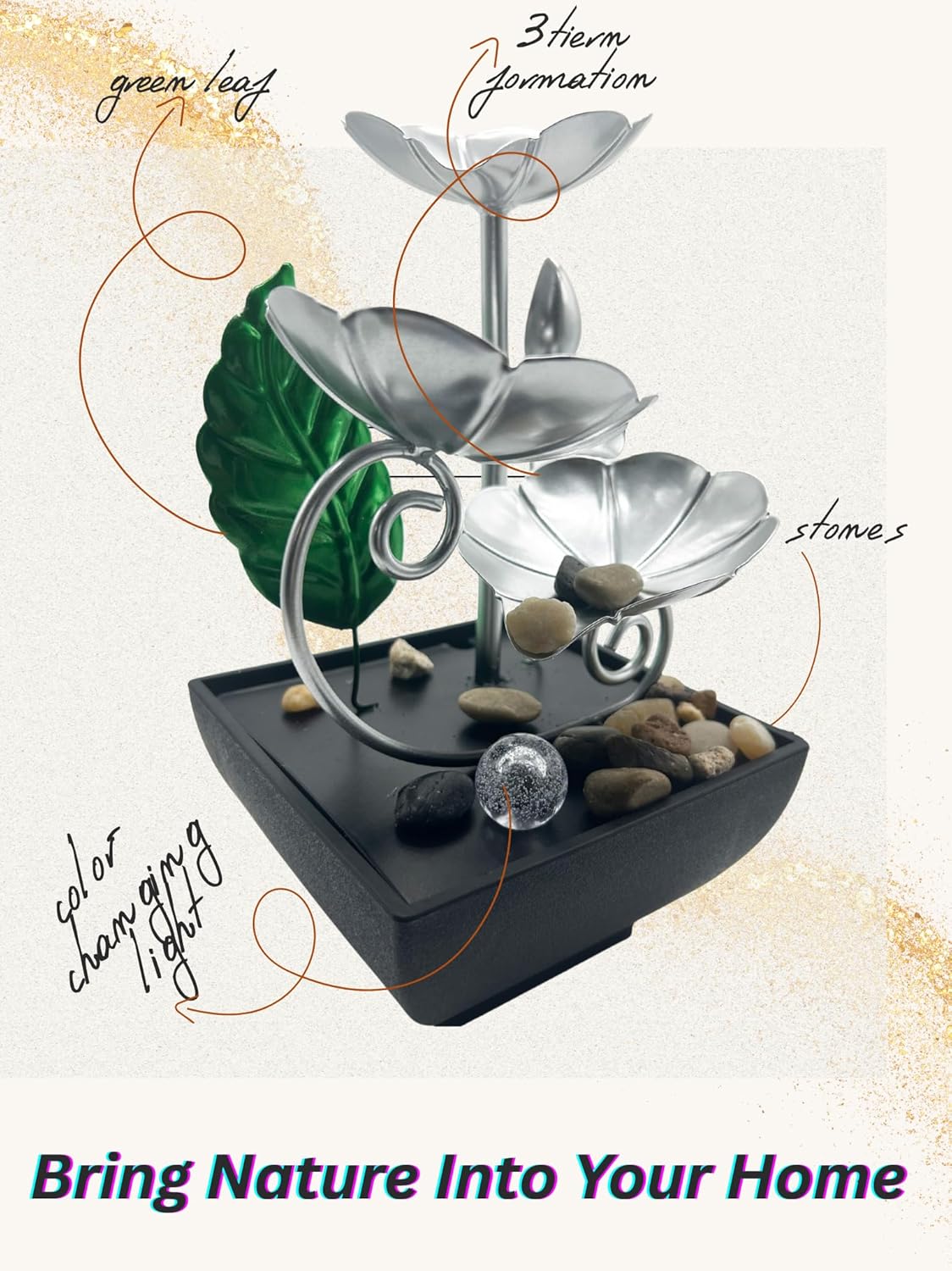 Tabletop Water Fountain with LED Light – Indoor Zen Décor with 3-Tier Design, Natural River Stones for Office, Home 8inch Tall