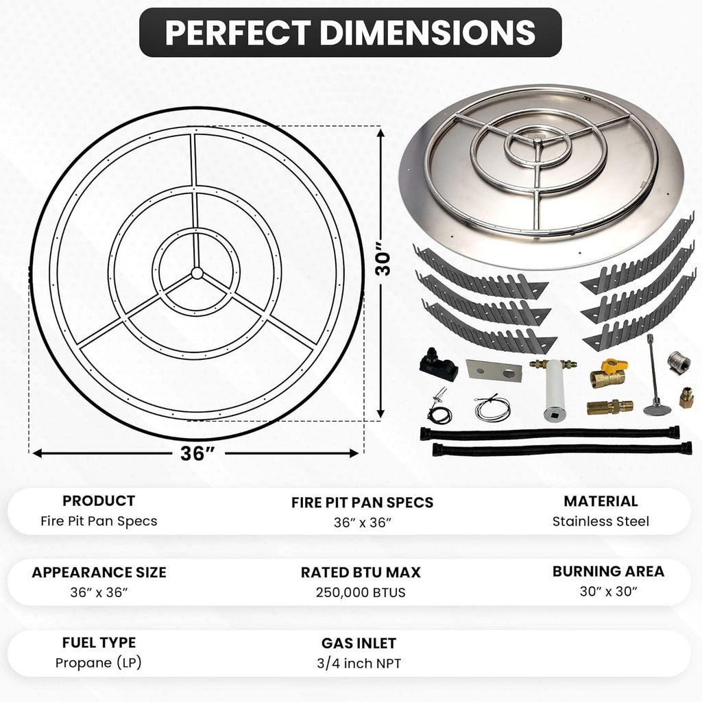 Stainless Steel Fire Pit Burner Pan & Ring Deluxe Kit for Liquid Propane, 36-Inch Pan, 30-Inch Ring, 250,000 BTU Max