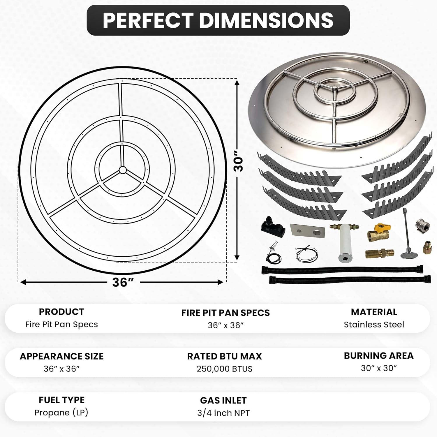 Stainless Steel Fire Pit Burner Pan & Ring Pro Kit for Liquid Propane, 36-Inch Pan, 30-Inch Ring, 250,000 BTU Max