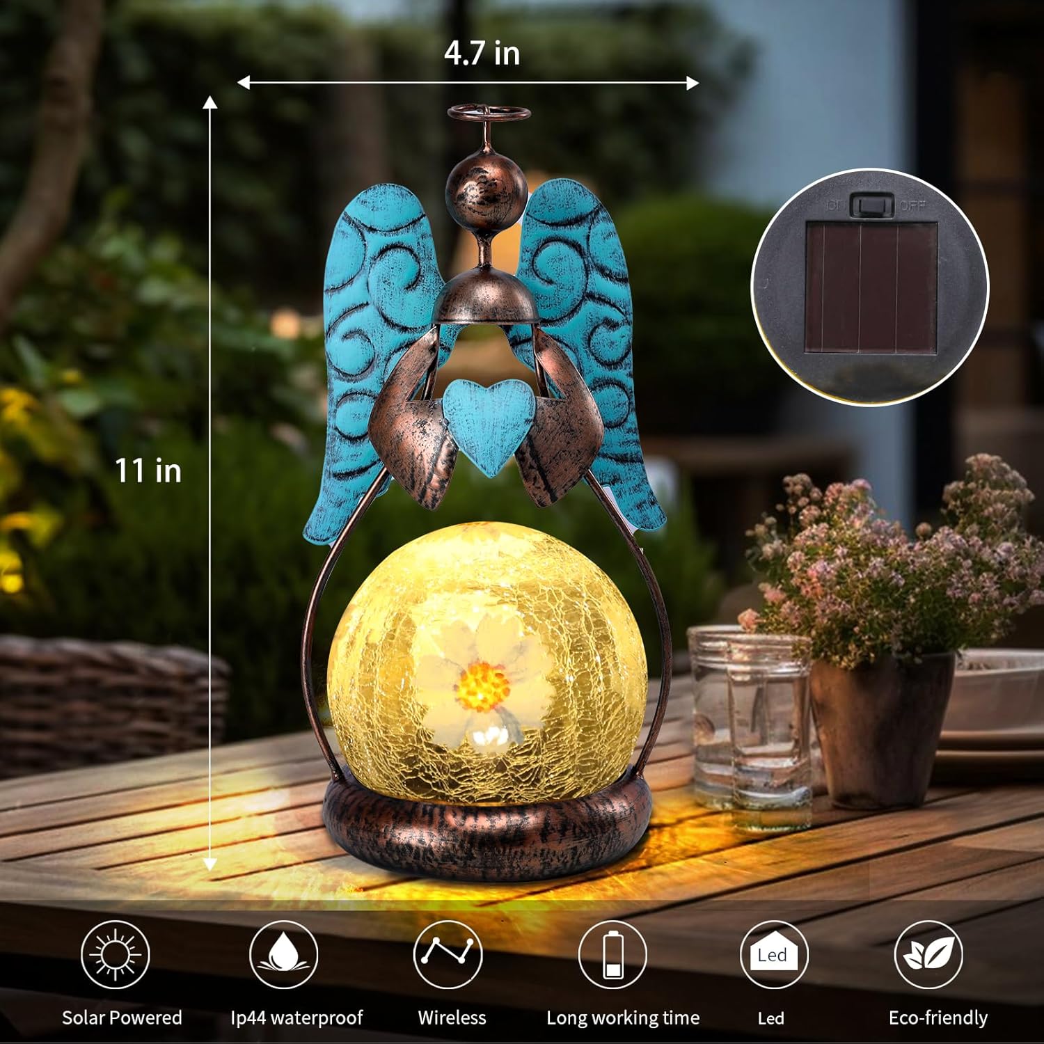 MUMTOP Angel Solar Lights Outdoor Garden - Solar Lanterns Light Decorative Waterproof with Glass Cracked Globe Tabletop Lantern Lamp Ornaments for Yard Patio Decor Gift (Hold Heart)