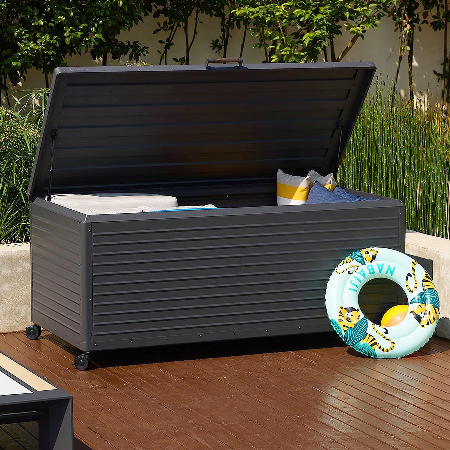281 Gallon Outdoor Storage Box Waterproof with Wheels, Metal Deck Boxfor Patio Furniture, Garden Tools, Outdoor Cushion, Charcoal