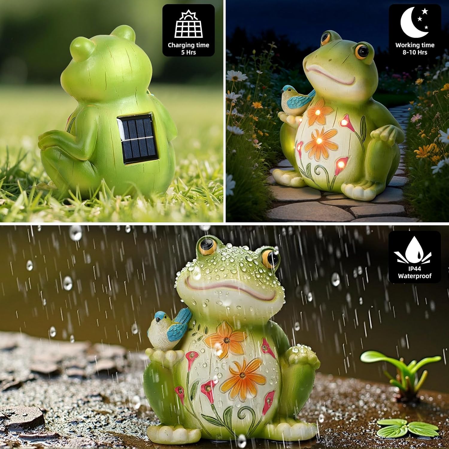 Solar Garden Frog Decor Outdoor Statue - Frog with LED Waterproof Sculptures Lights, Cute Pond/Yard Statues Outside Decoration, Home, Lawn, Patio, Resin Animal Ornament, Women/Gardening Gift