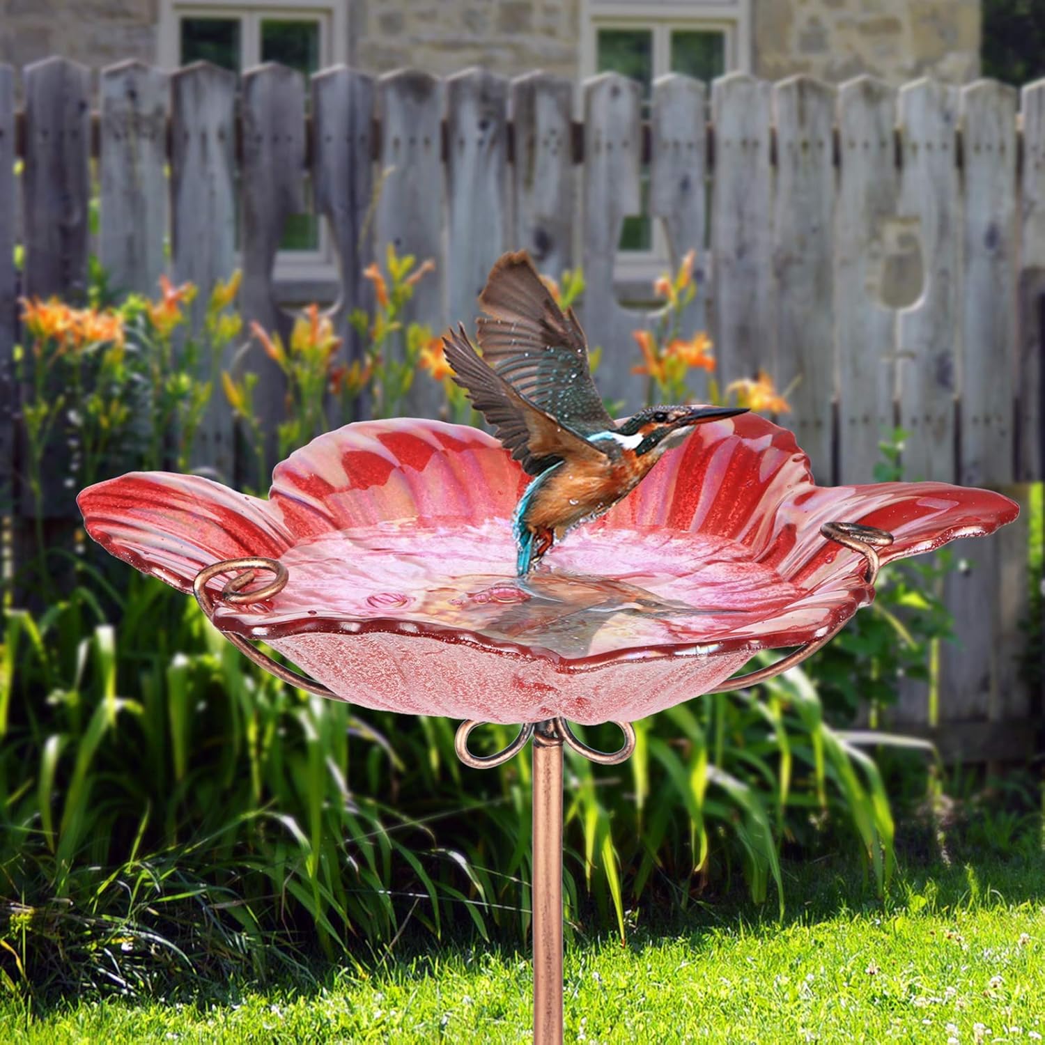 Outdoor Bird Bath Glass Birdbath Garden Birdfeeder with Metal Stake Red