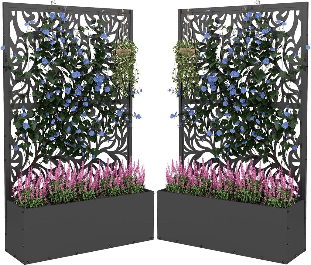 2PCS Metal Planter Box with Trellis,70.9"x47.2"x15.7" Raised Garden Bed with Drainage Holes, Privacy Planters for Outdoor Garden Bed for Climbing Plants,Vegetables,and Vines, Black-Flower