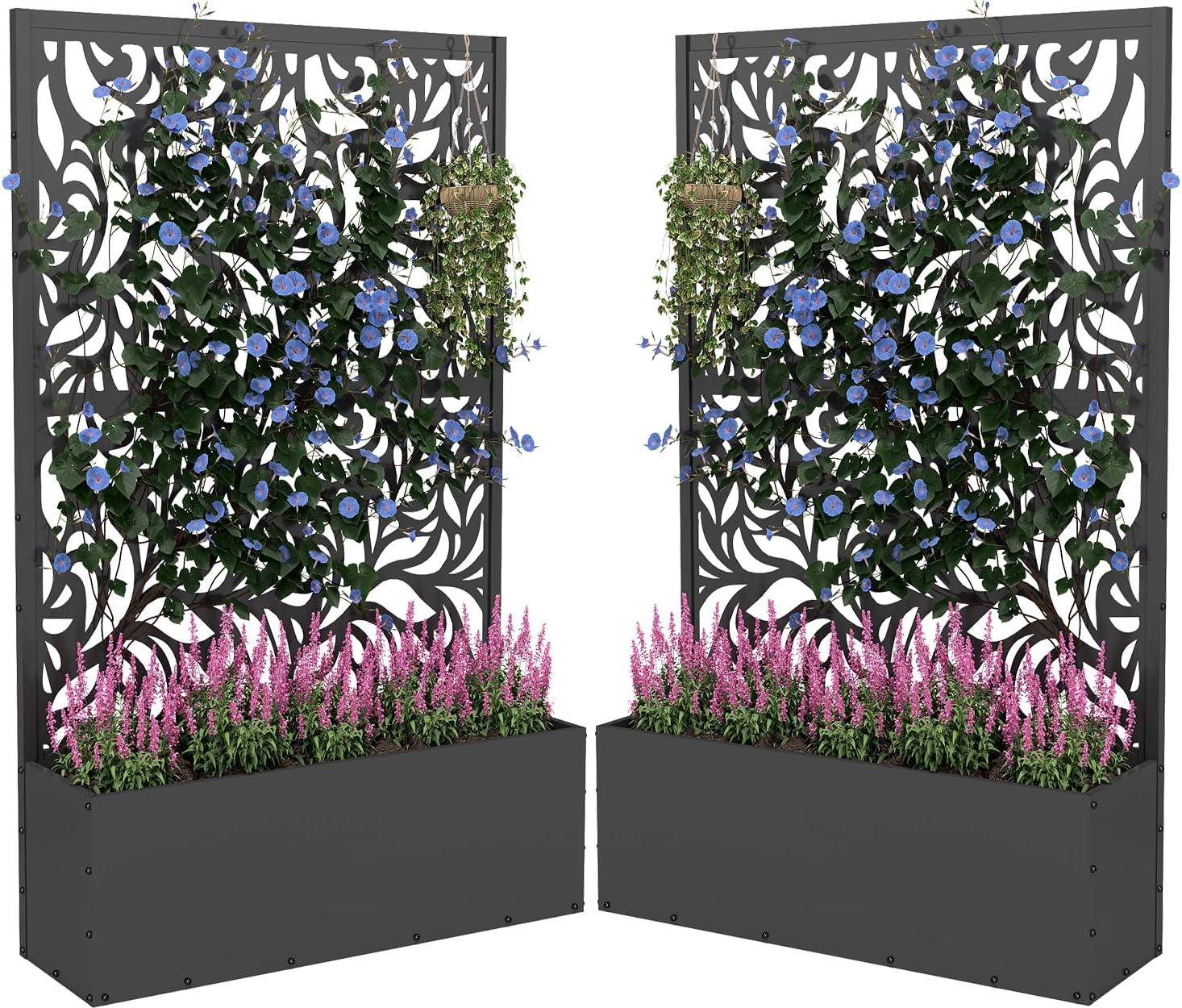 2PCS Metal Planter Box with Trellis,70.9"x47.2"x15.7" Raised Garden Bed with Drainage Holes, Privacy Planters for Outdoor Garden Bed for Climbing Plants,Vegetables,and Vines, Black-Flower