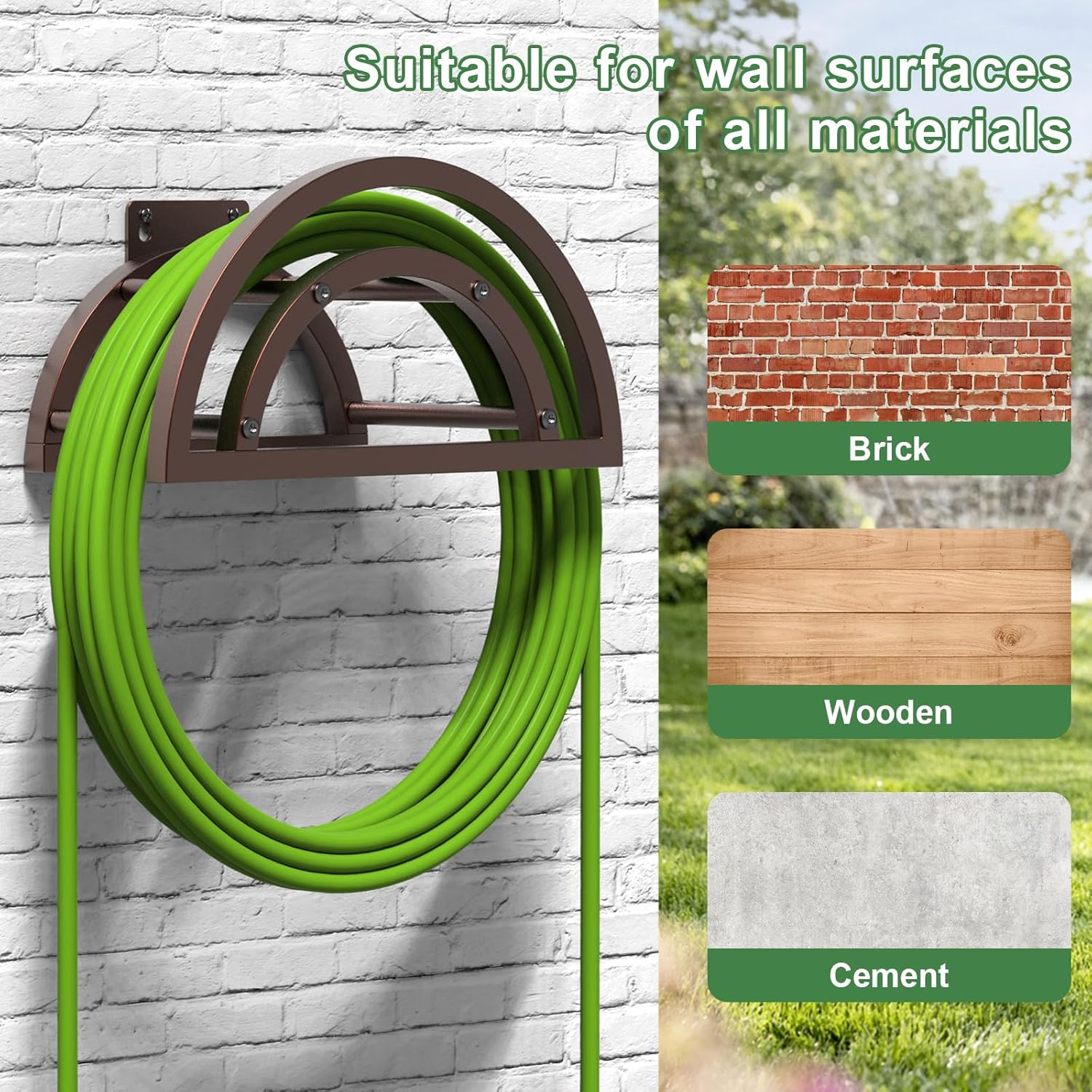 2 Pack Garden Hose Holder, Outdoor Hose Holder Wall Mounted Holds 125-ft Hose, Heavy Duty Metal Hose Hanger, Sturdy Detachable Hose Reel Storage Organizer, Hose Rack for Outside Garden Lawn, Bronze