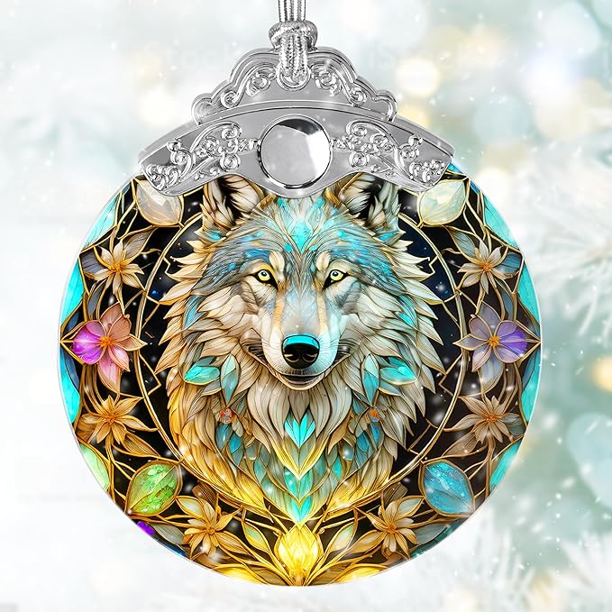 Stained Glass Suncatcher Hanging Ornament, Wolf Decor for Home, Christmas Ornament
