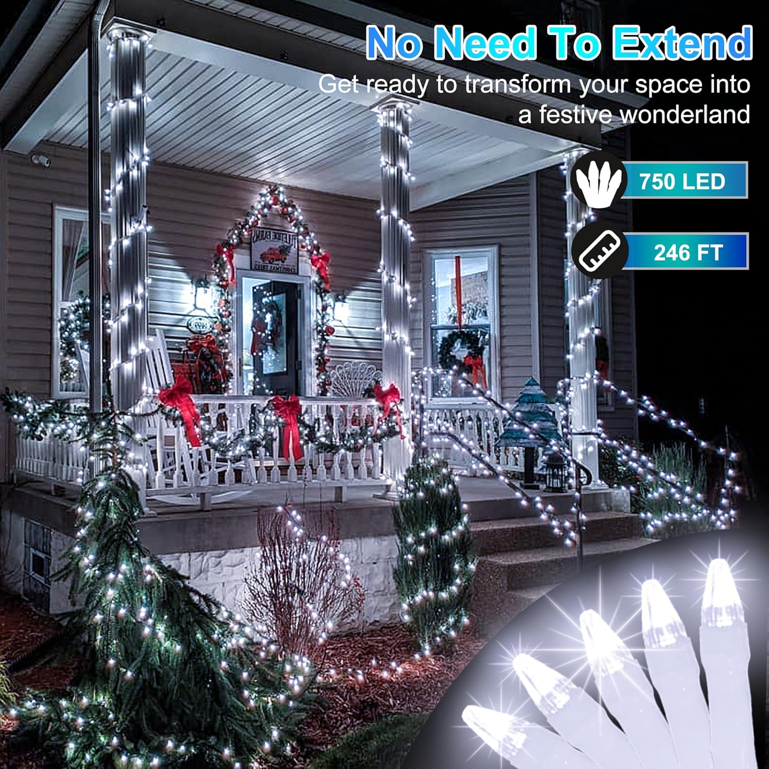 750 LED Christmas Lights - Outdoor Use, 246ft with 8 Modes, IP44 Waterproof for Xmas Patio, Yard, Fence, Deck, Balcony, Garden Decor - Cool White