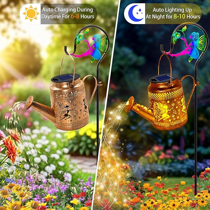 Solar Lanterns Outdoor Waterproof,Metal Watering Can Garden Decor,Fairy Hanging Solar Path Lights Yard Art,Outside Patio Decorations Gardening Birthday Gifts for Mom Grandma Women（with Shepherd Hook）