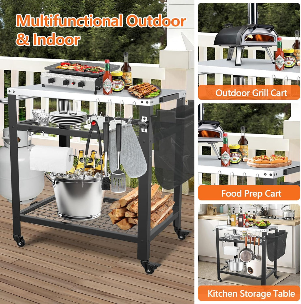 Stainless Steel Pizza Oven Table for Ooni, 650lbs Outdoor Grill Cart with Wheels and Handle, 32"x 24" Three-Shelf Food Prep Cart for Griddle, Movable Outdoor Pizza Cart