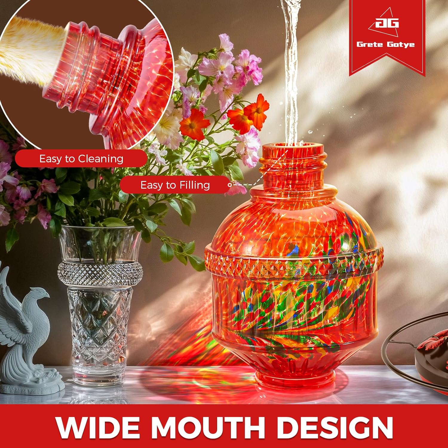 Blown Glass Hummingbird Feeders for Outdoors, 25 Ounces Wild Bird Nectar Feeder with Perch & 5 Flower Feeding Ports Leak Proof Hanging for Garden Backyard Decor, Gifts for Women Mom, Red