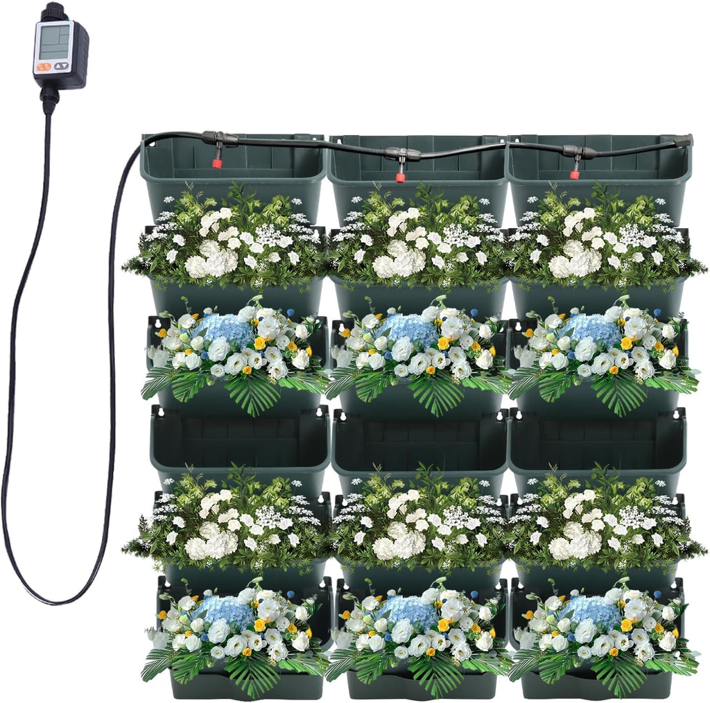 Self-Watering Wall-Mounted Planter, Vertical Garden Planter Set with 18 Pots, Stackable Plant Grow Pots with Electronic Timer for Growing Veggies, Fruits, Herbs, Flowers.