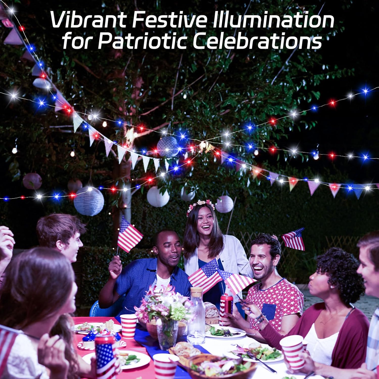 Red White and Blue Solar Fairy Lights, Memorial Day Lights Waterproof Outdoor 39.4ft 120LED 8 Modes Memory Function Independence Day Memorial Day Decorations, CS-SL-5M