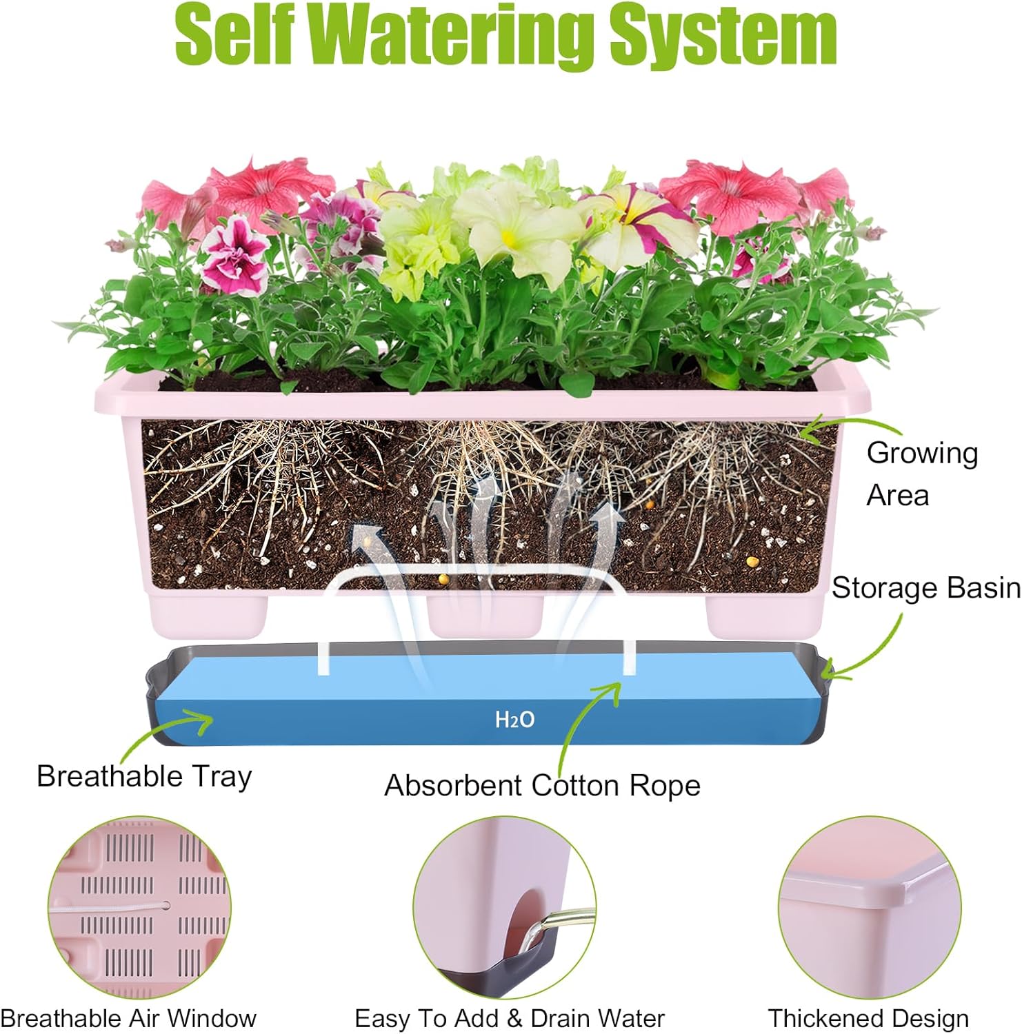 Window Box Planter 8 Pcs, 17 Inches Rectangle Flower Pots with Drainage Holes and Trays, Vegetable Planters for Windowsill Patio Garden Balcony Home Porch Yard Indoor Outdoor (Pink)