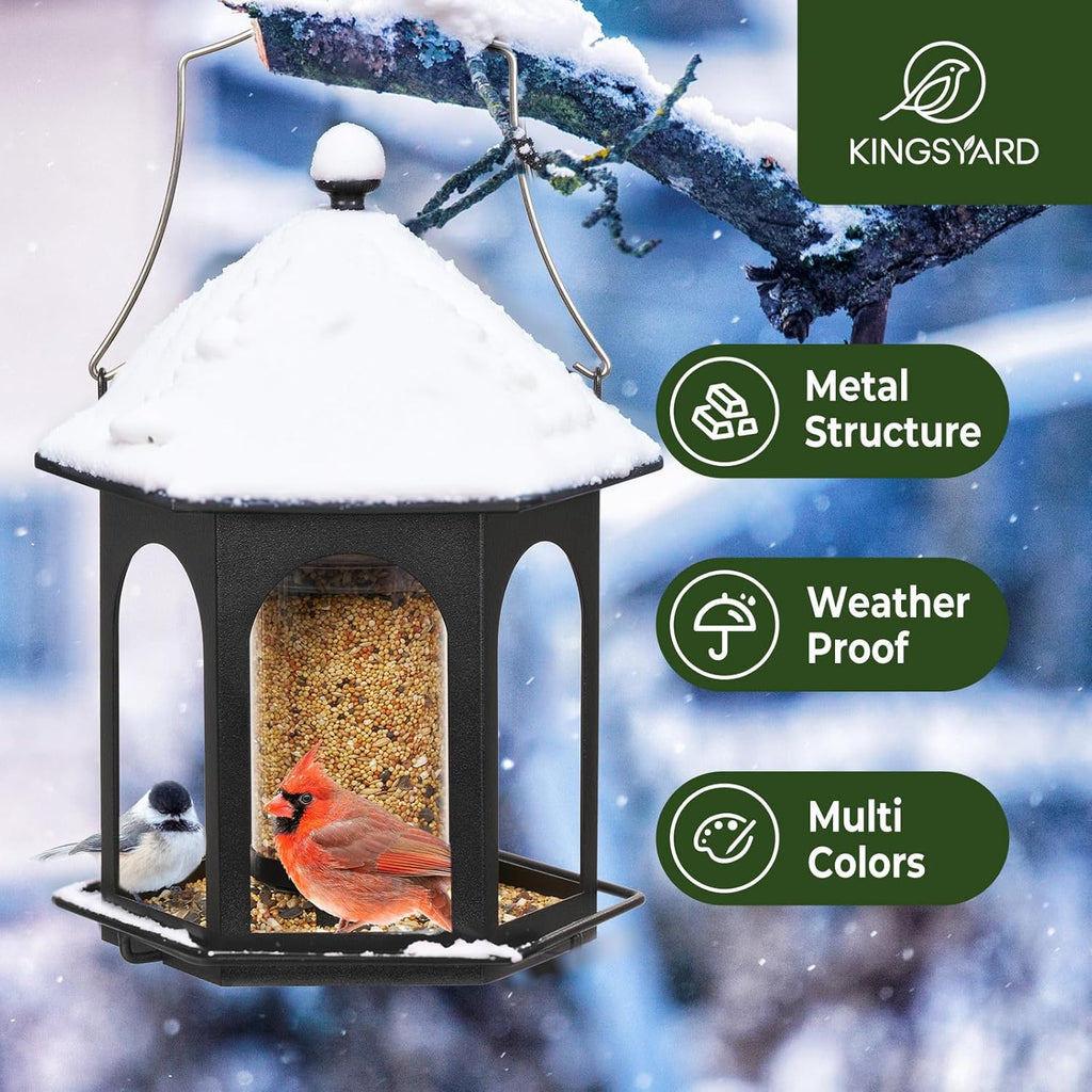Kingsyard Metal Bird Feeder for Outdoors Hanging, 3 lbs Seed Feeder, Wild Bird Feeders for Garden Cardinal Finch Bluebird, Easy to Fill & Clean, Black