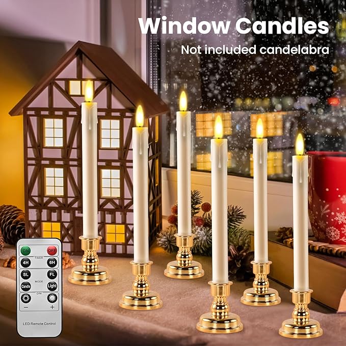 JOSU 6 Pack Flameless Candles with Remote Control Timer, Flickering LED Taper Candles Battery Operated, Christmas Window Light for Candleholder for Home Decor Thanksgiving Wedding Decoration
