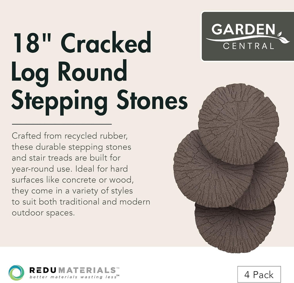 Garden Central 4-Pack 18”x18” Fake Cracked Log Rubber Stepping Stones, Round, Brown – Reversible Non-Slip Outdoor Faux Decorative Set for Landscaping – DIY Decor for Walkways & Yard Pathways