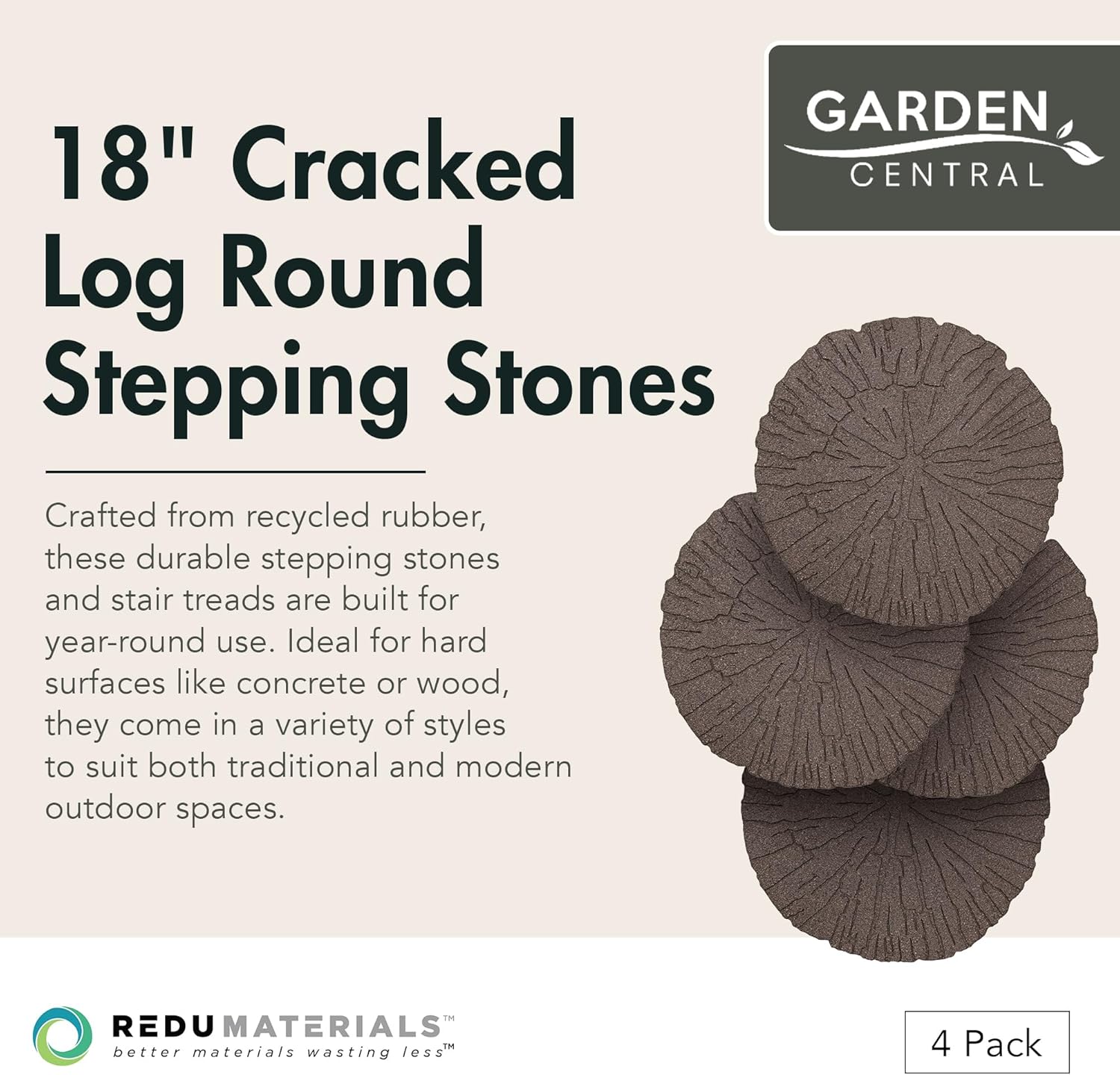 Garden Central 4-Pack 18”x18” Fake Cracked Log Rubber Stepping Stones, Round, Brown – Reversible Non-Slip Outdoor Faux Decorative Set for Landscaping – DIY Decor for Walkways & Yard Pathways