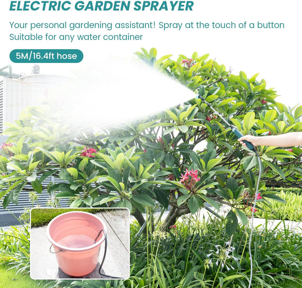 TOOVEM Electric Garden Sprayer with Battery Indicator,23.6inch Battery Powered Sprayer Wand with 16.4FT Hose,Rechargeable and Portable Spray Wand for Yard, Lawn and Garden(3 Nozzles)