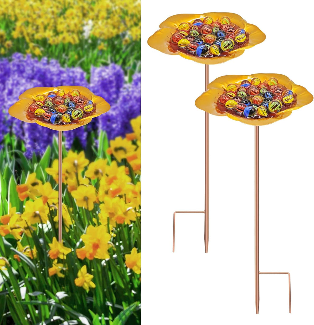 Bee Watering Station-Golden Butterfly Puddler Bee Bath & Feeder with Metal Stakes - 30 Glass Marbles, Vivid Flower Design, Garden Yard Decor (Golden-2PACK)