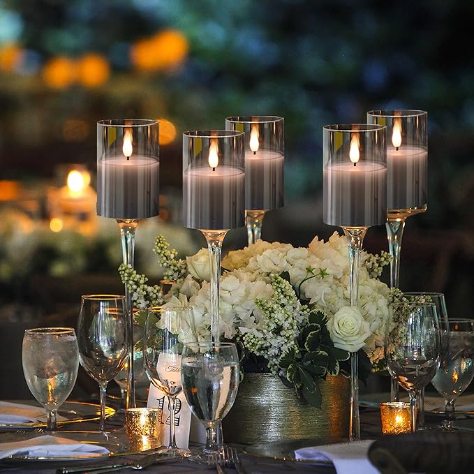 6Pack Glass Flickering Flameless Candles with Remote, 2"X3" Real Wax Votive Candles Battery Operated, Small Electric LED Candles for Wedding Home Decor, w/4 Timers+2 Lighting Modes [Gray]