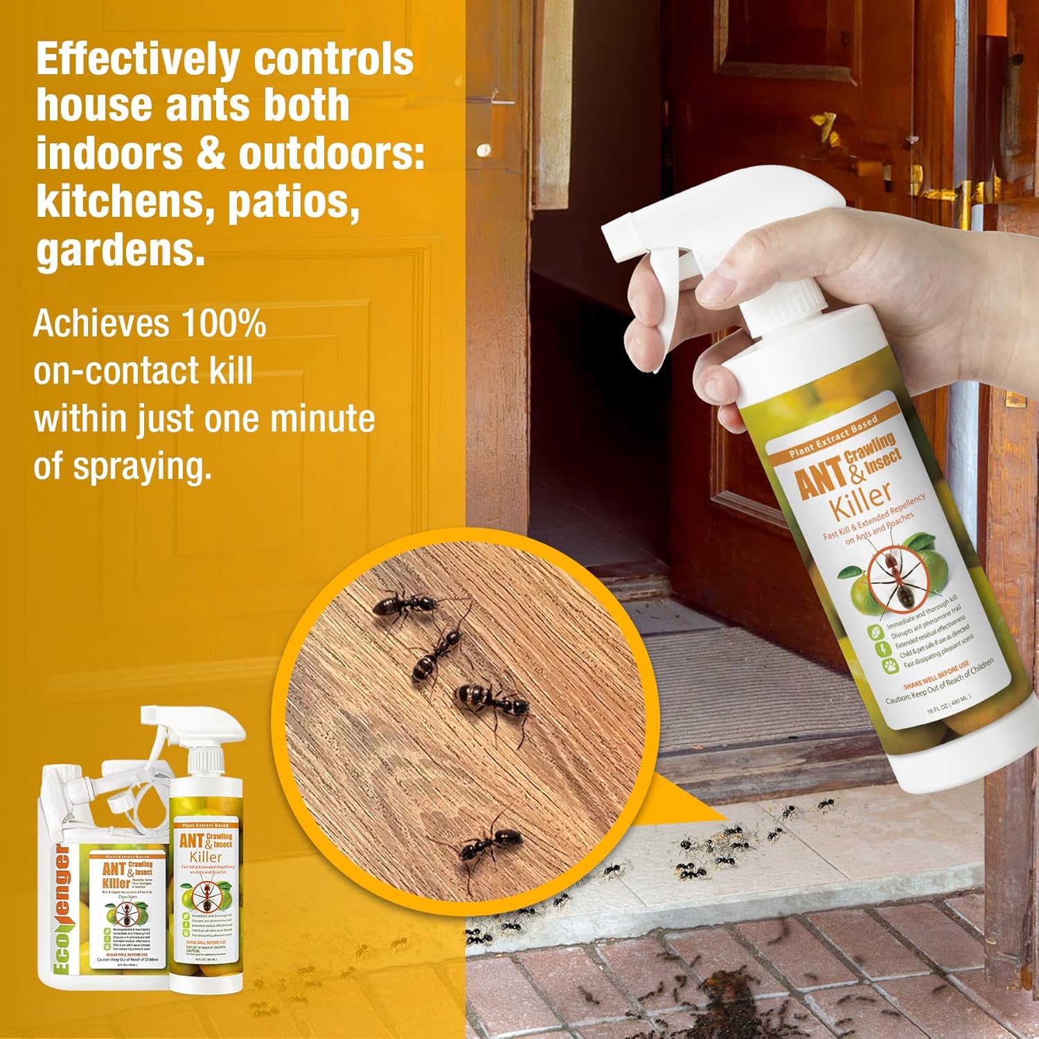 EcoVenger Ant Killer & Crawling Insect Killer (Citrus Scent) 16 oz, Kills Fast in Minutes, Also Kills Spiders, Centipedes & More, Repels with Residual, Natural & Non-Toxic, Safe for Children & Pets