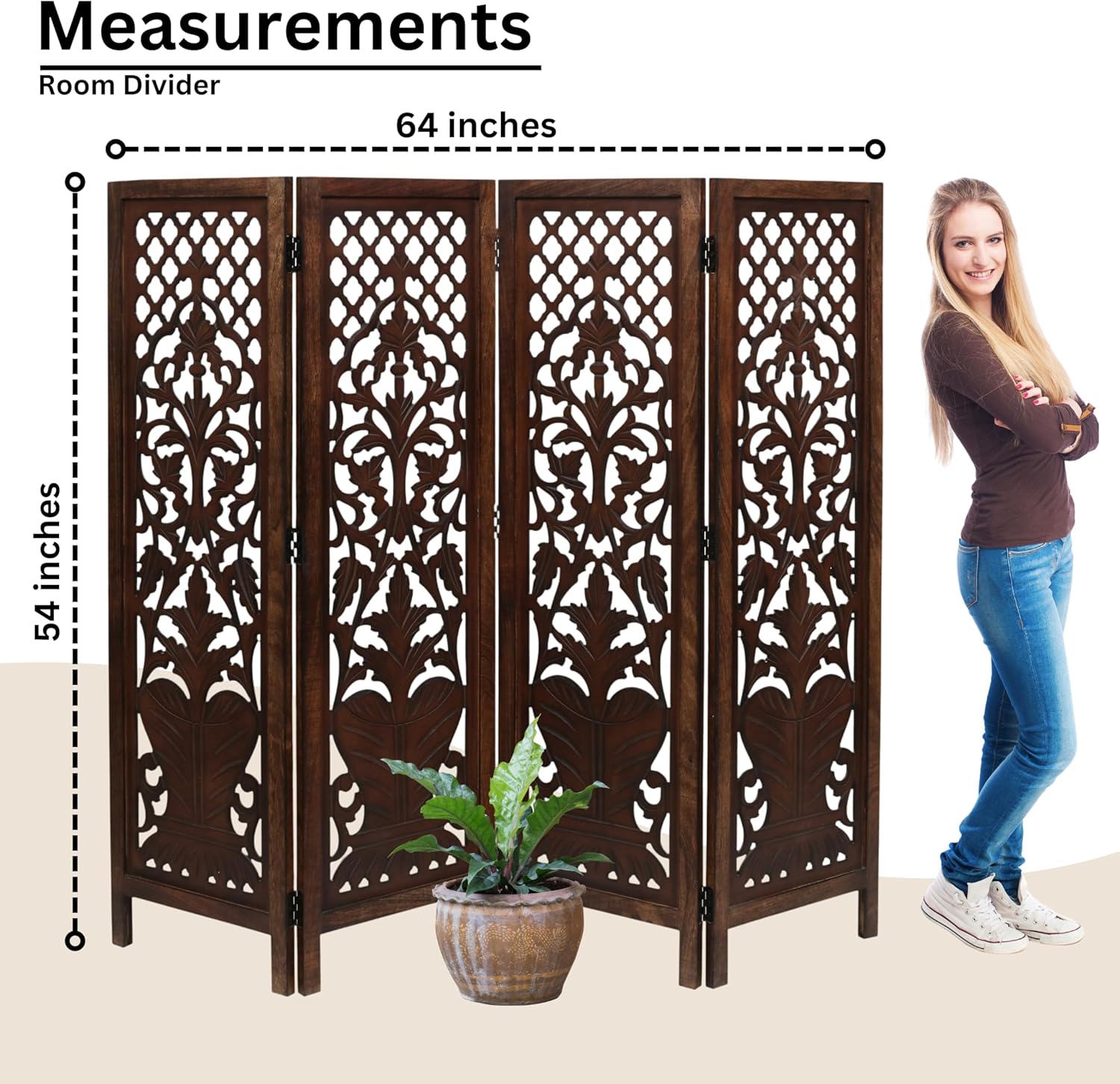 Room Divider Wood Screen Panel – Burnt Brown, 4-Panel Folding 64"x54", Hand-Carved, Reversible Privacy Partition, Decorative & Functional Portable Room Divider for Home or Office
