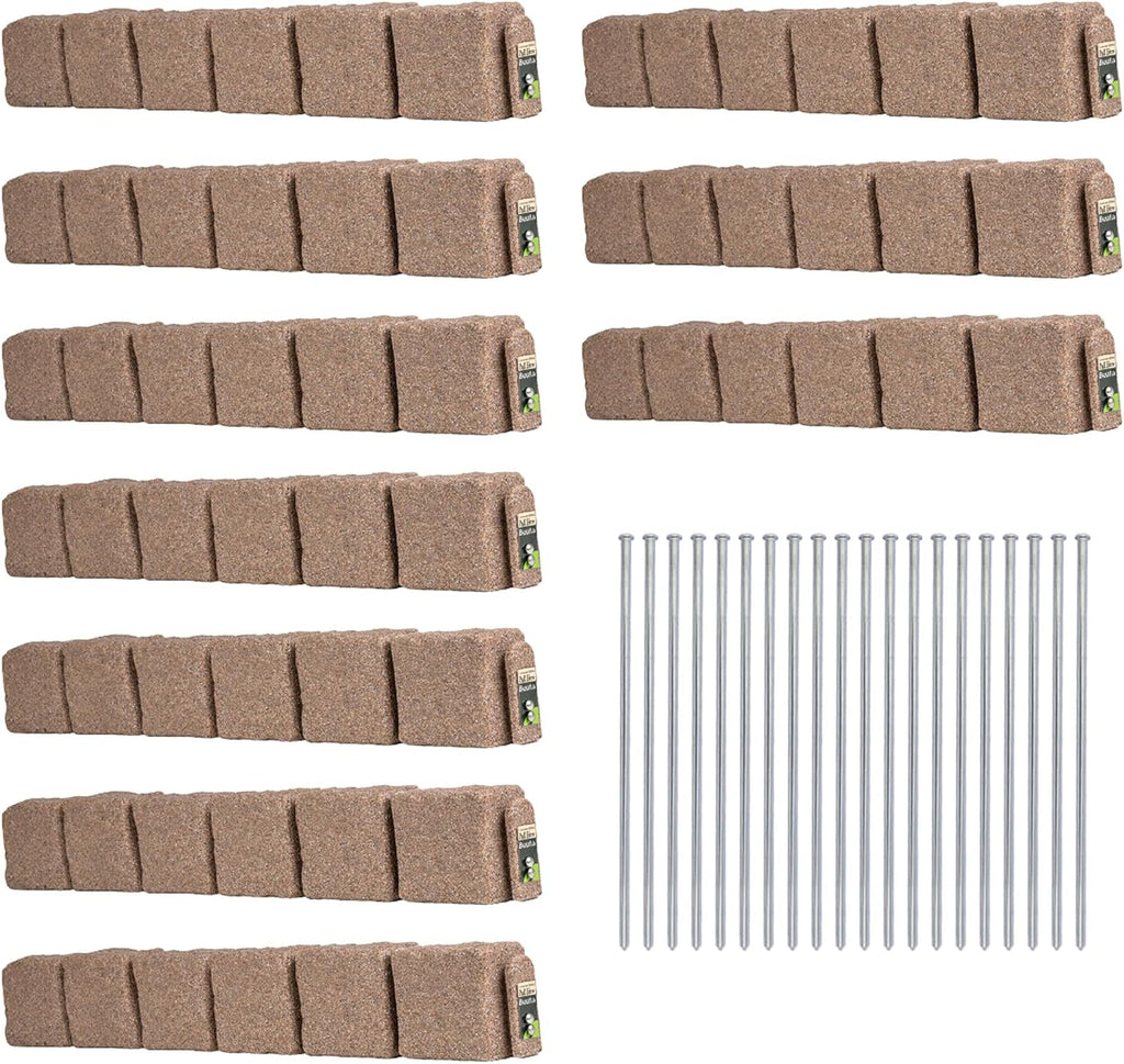 Beuta Landscape Edging | Garden Edging Border | Faux Stone Blocks for Lawn Edging, Flower Beds & Yard Edging– 10 Pack | Each Section Has 6 Blocks 48" L x 4" W x 6.5" H | 20 Spikes | Cobblestone