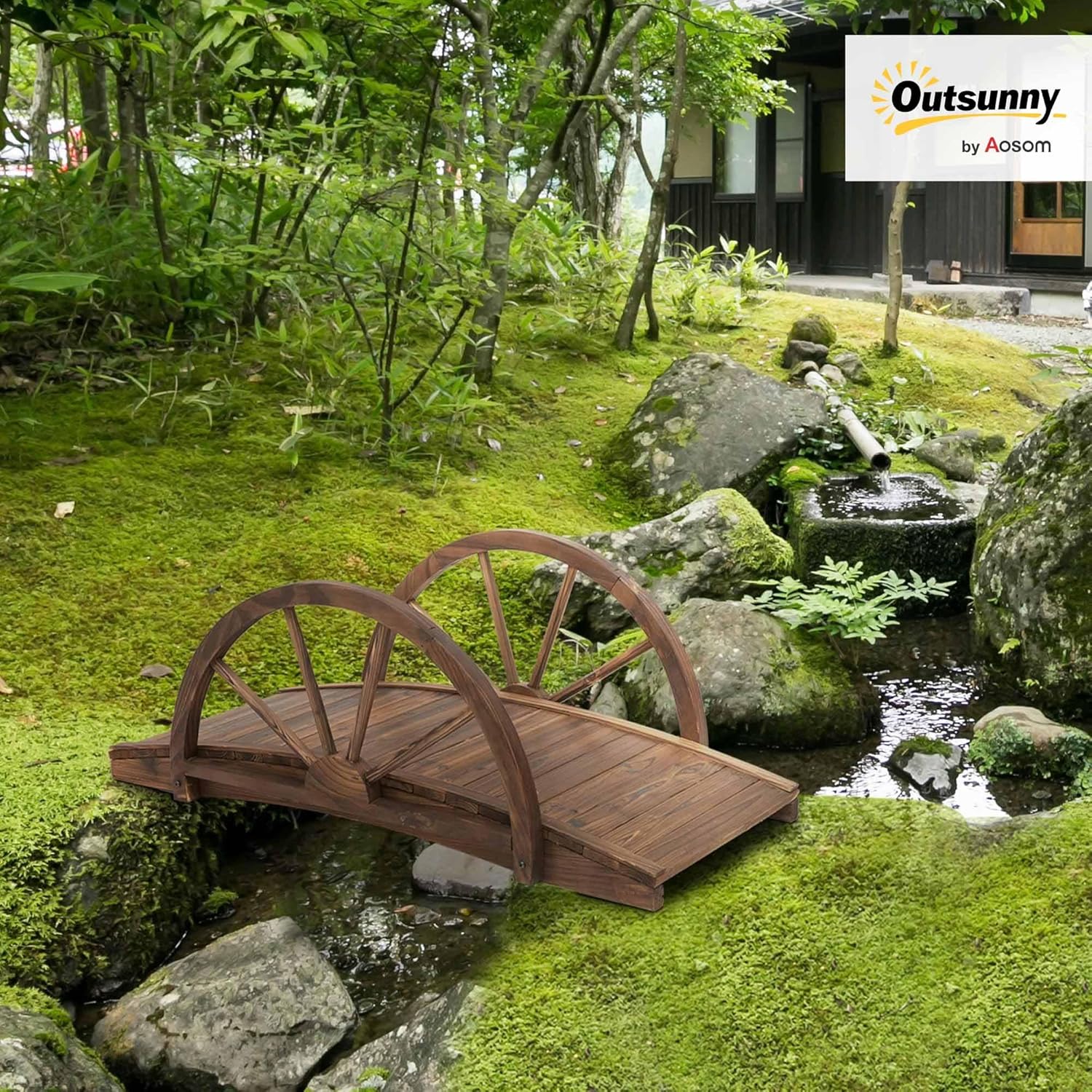 Outsunny 3.3ft Wooden Garden Bridge Arc Footbridge with Half-Wheel Style Railings & Solid Fir Construction, Stained Wood