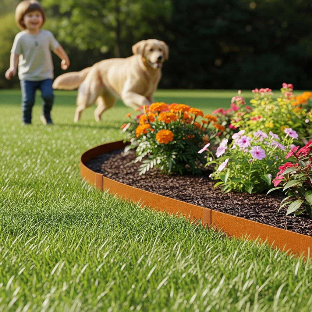 Worth Garden 20ft. Galvanized Steel Landscape Edging - 6-Pack 6.5" x 40" Metal Edging for Landscaping with 7 Stakes, Rust-Like Powder Coating Hammer-in Lawn Edging for Yard Pathway Divider