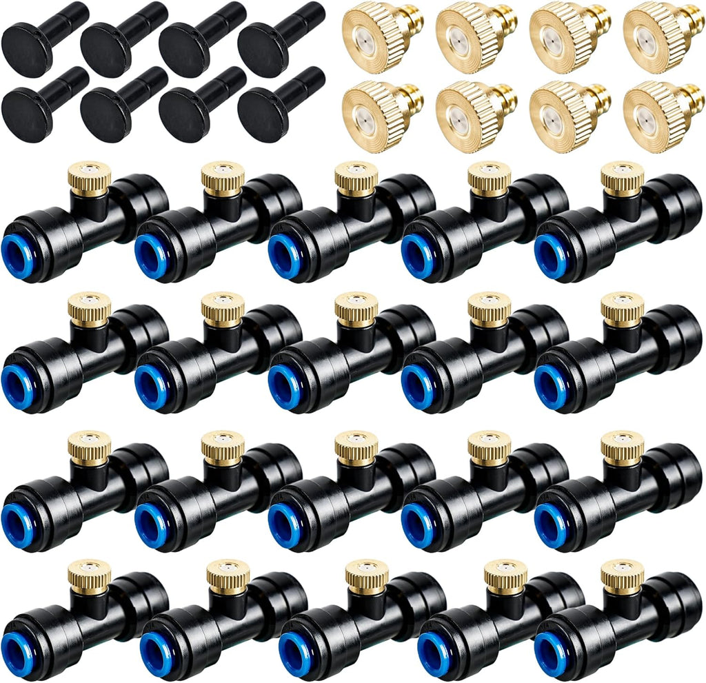 96 Pcs Brass Misting Nozzles Kit Including 48 Pcs 1/4 Inch Brass Misting Nozzles 40 Pcs Misting Nozzle Tees with 8 Plugs for Outdoor Spray Cooling System Misting Nozzle Replacements Tubing