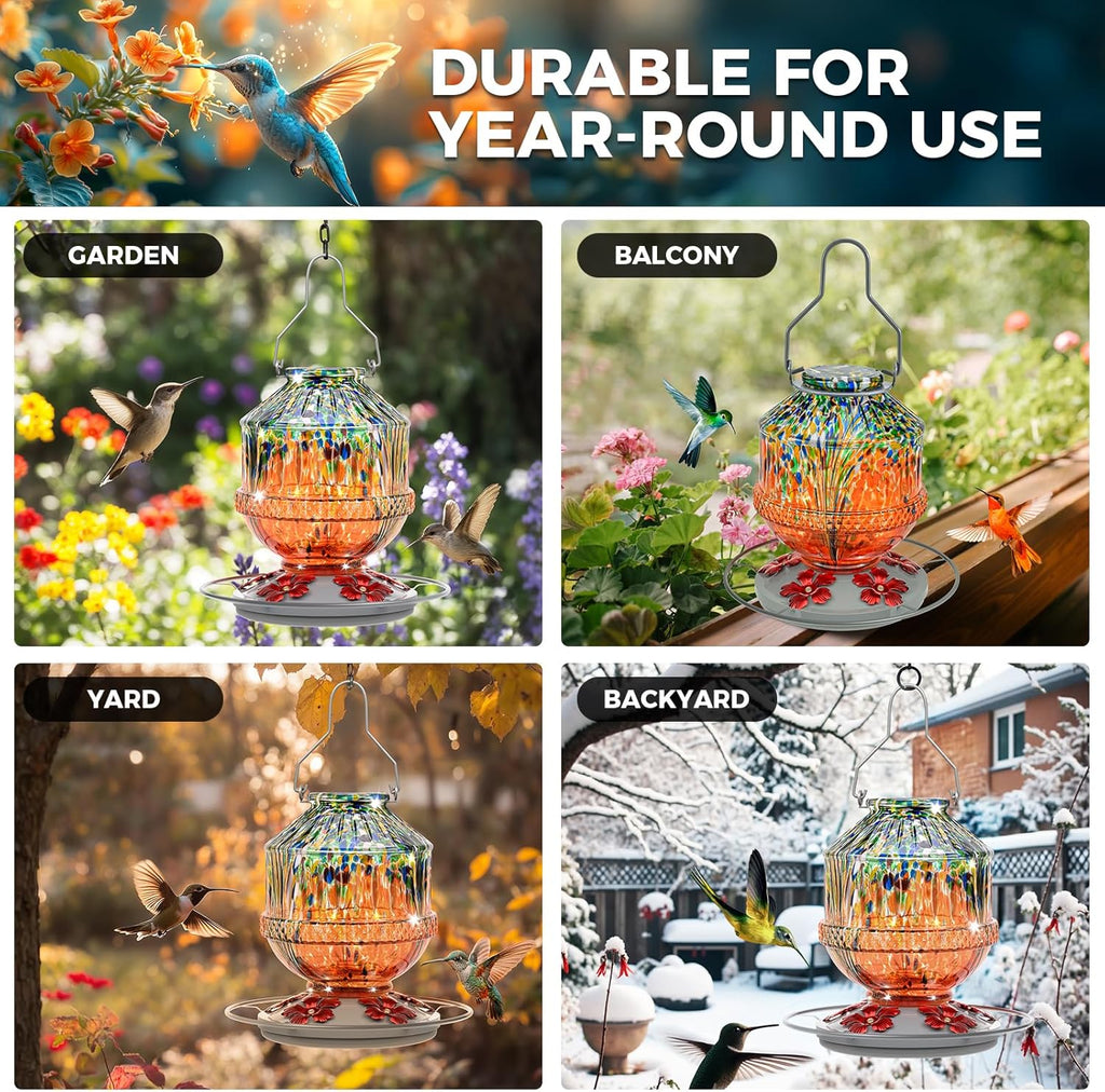 Blown Glass Hummingbird Feeders for Outdoors, 25 Ounces Wild Bird Nectar Feeder with Perch & 5 Flower Feeding Ports Leak Proof Hanging for Garden Backyard Decor, Gifts for Women Mom, Orange