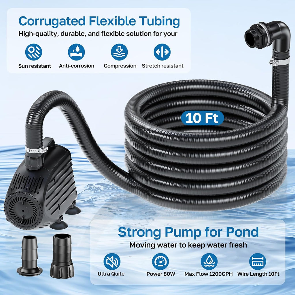 POPOSOAP Pond Waterfall Spillway Kit with 1200GPH Pond Pump & 10 Ft Corrugated Tubing, Filter Media, Pond Spillway for Outdoor Pondless Waterfall and Streams, Pondless Water Feature