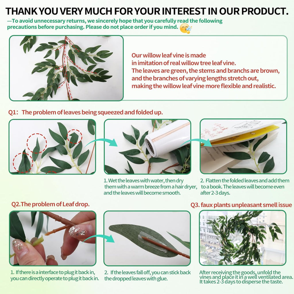 RECUTMS Artificial Willow Leaves Vine Twigs 2Pcs 5.7Ft Fake Hanging Ivy Plants Silk Green Leaf Rattan Garland Greenery Decor for Indoor Outdoor Home Wedding Arch Jungle Beach Birthday Party Garden