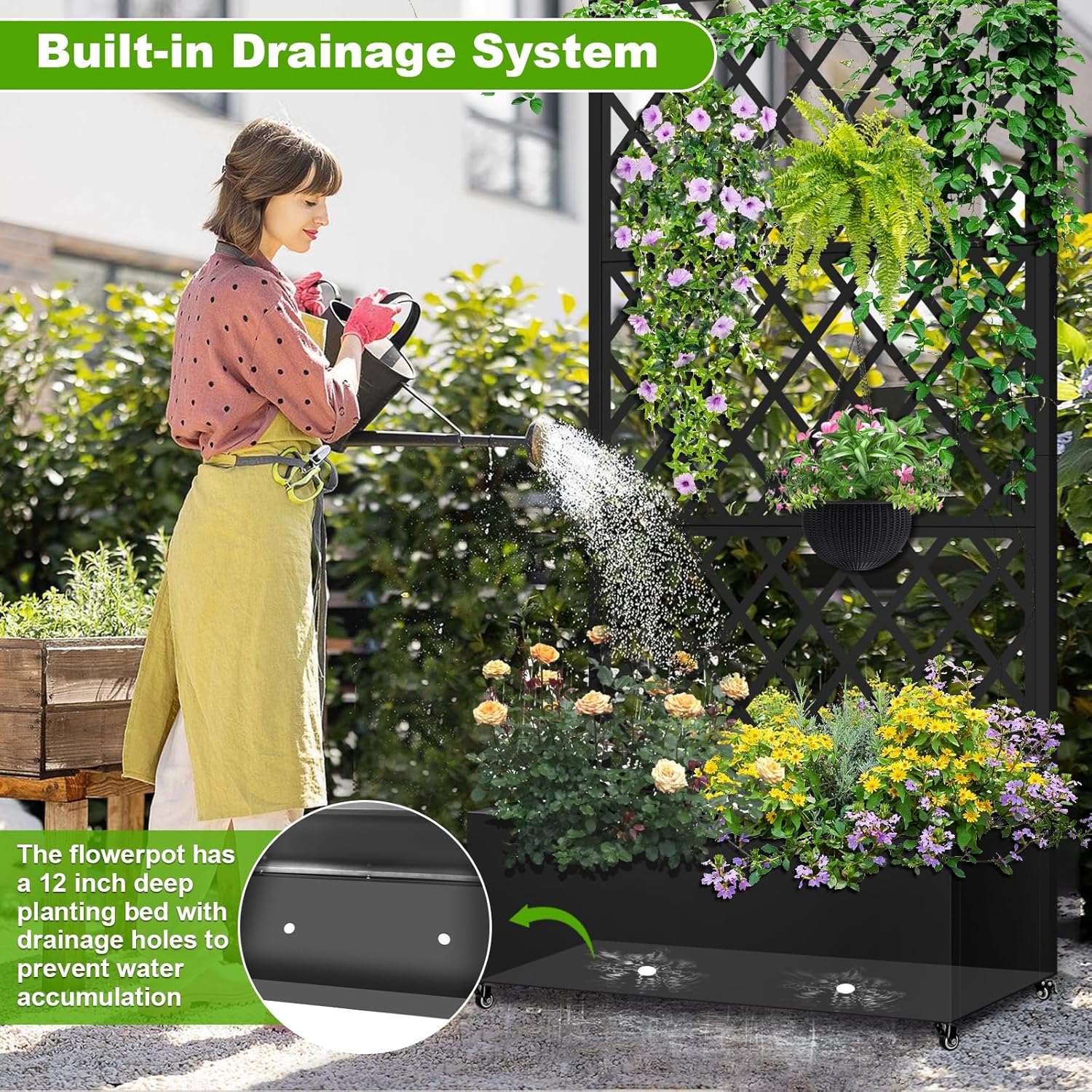 Metal Planter Box with Trellis, 72"x35"x16" Metal Raised Garden Bed with Trellis, Trellis Planter Box with Drainage Holes & Lockable Casters for Climbing Plants, Vegetables, and Vines