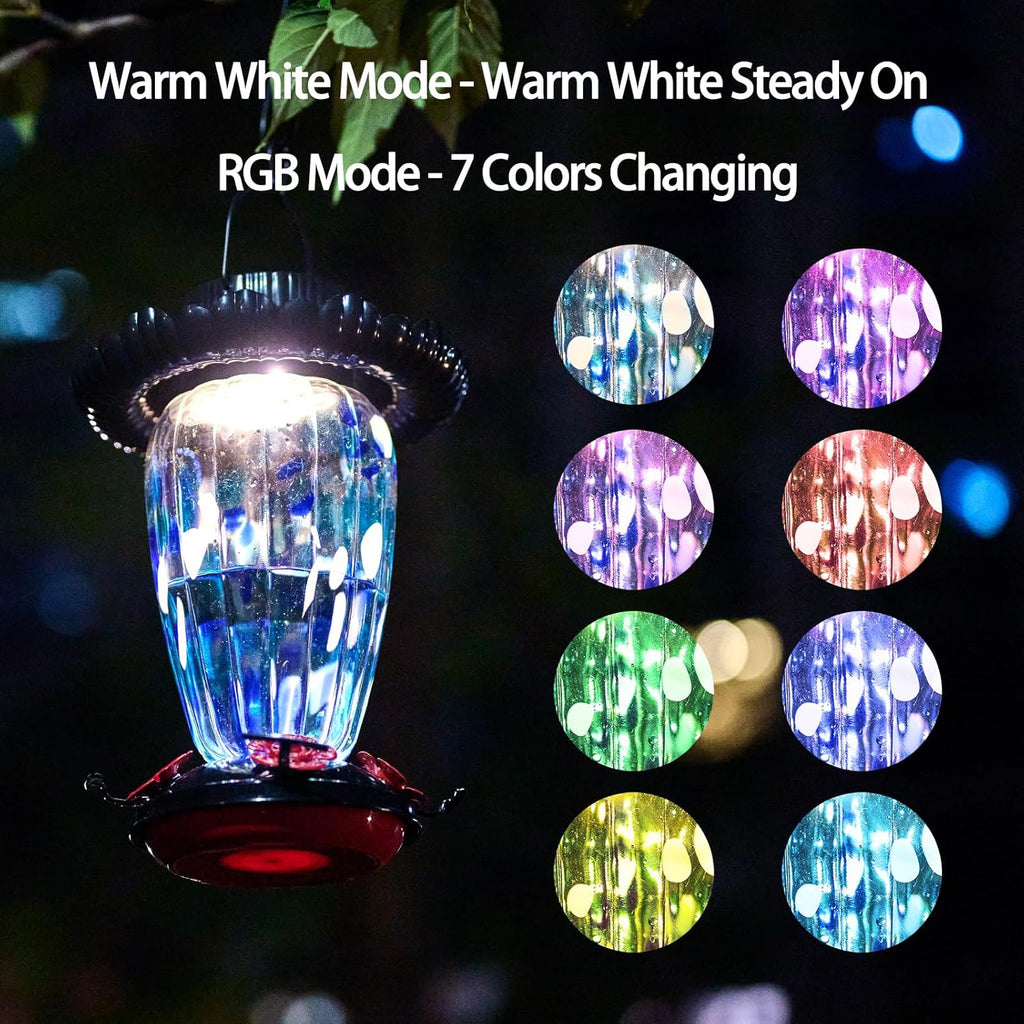 Muse Garden Solar Hummingbird Feeders for Outdoors Hanging, 38oz Hand Blown Glass Humming Bird Feeders for Garden Decor, Moms Birthday Unique, Blue