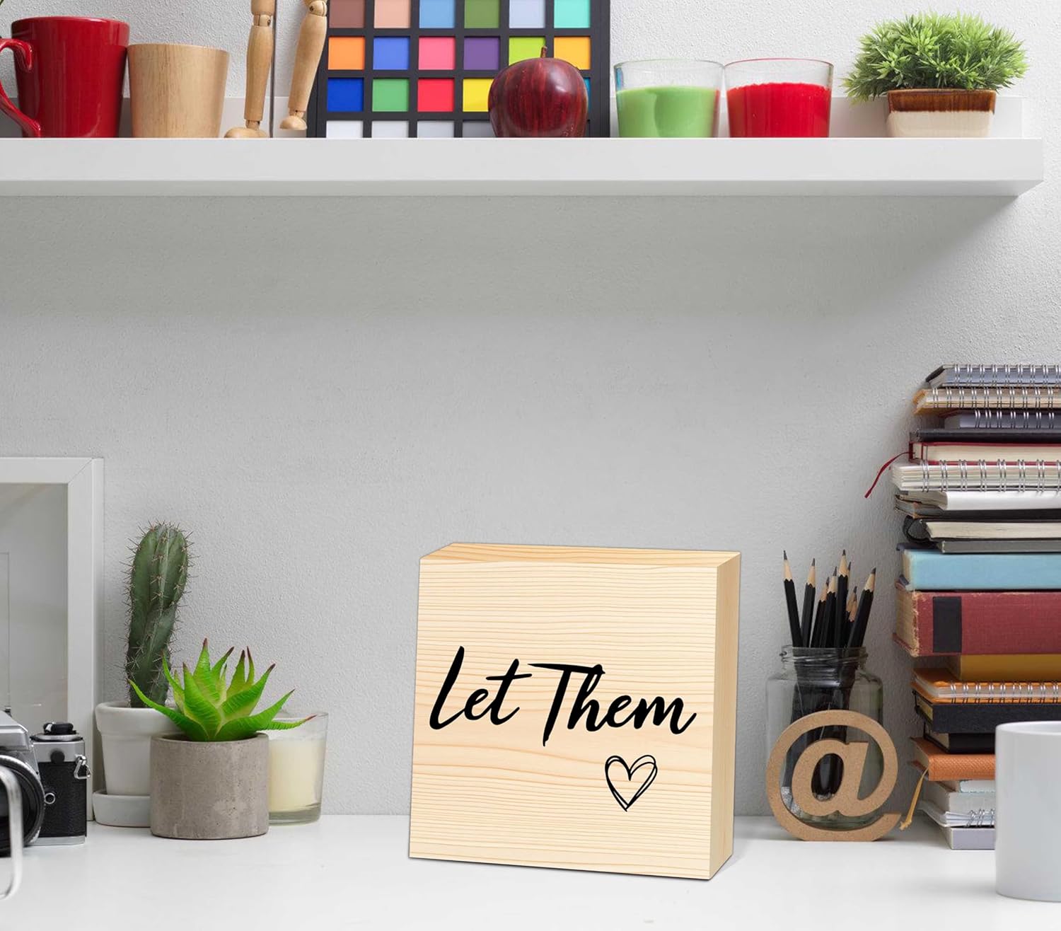 Let Them Wooden Sign, Mental Health Quote Farmhouse Wood Box Sign 5 x 5", Let Them Office Desk Accessories for Cubicle Decor, Office Gifts for Coworkers Women, Office Decorations for Work (Wood Color)