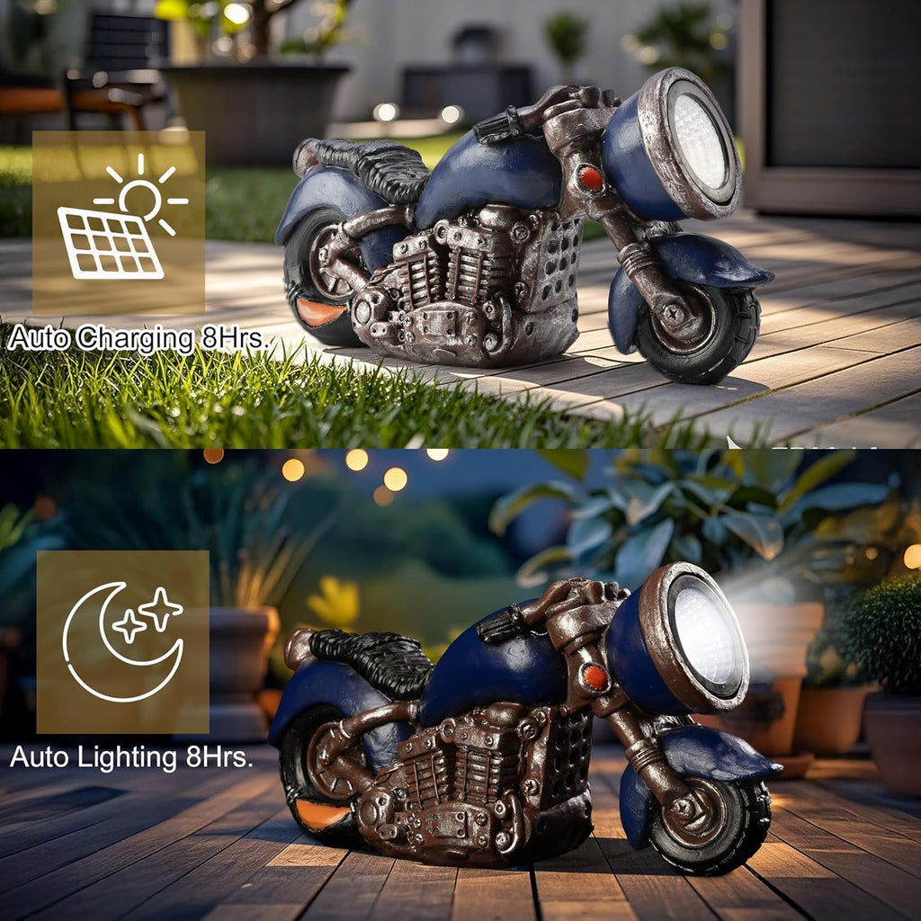 Solar Outdoor Garden Motorcycle Statue, Resin Motorcycle Sculpture with LED Lights, Ideal for Garden, Courtyard and Lawn Decoration, Housewarming and Birthday Gift