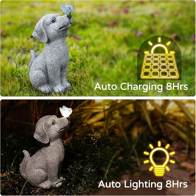 Solar Garden Outdoor Statues Dog with Butterfly Lights, Lawn Decor Puppy Figurine for Patio Balcony Yard, Yard Unique Christmas Birthdays Gift for Mom Grandma
