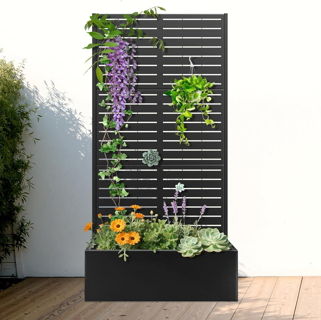 FENCY Metal Raised Garden Bed with Trellis, Metal Planter Box with Trellis, Garden Box for Climbing Plants Vegetable, 35" Lx16 Wx71 H Garden Bed with Drainage Holes(Black-Louvered)