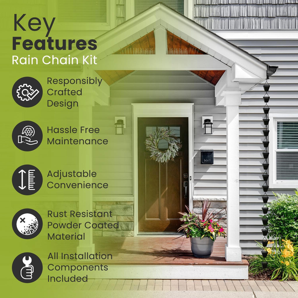 Rain Chain Kit w/Adapter & Extension | Black Powder Coated Rain Chains for Gutters 10 ft | Rain Chain | Gutter Chain Downspout | Rain Chains for Outside | Rain Catcher | Rain Chimes