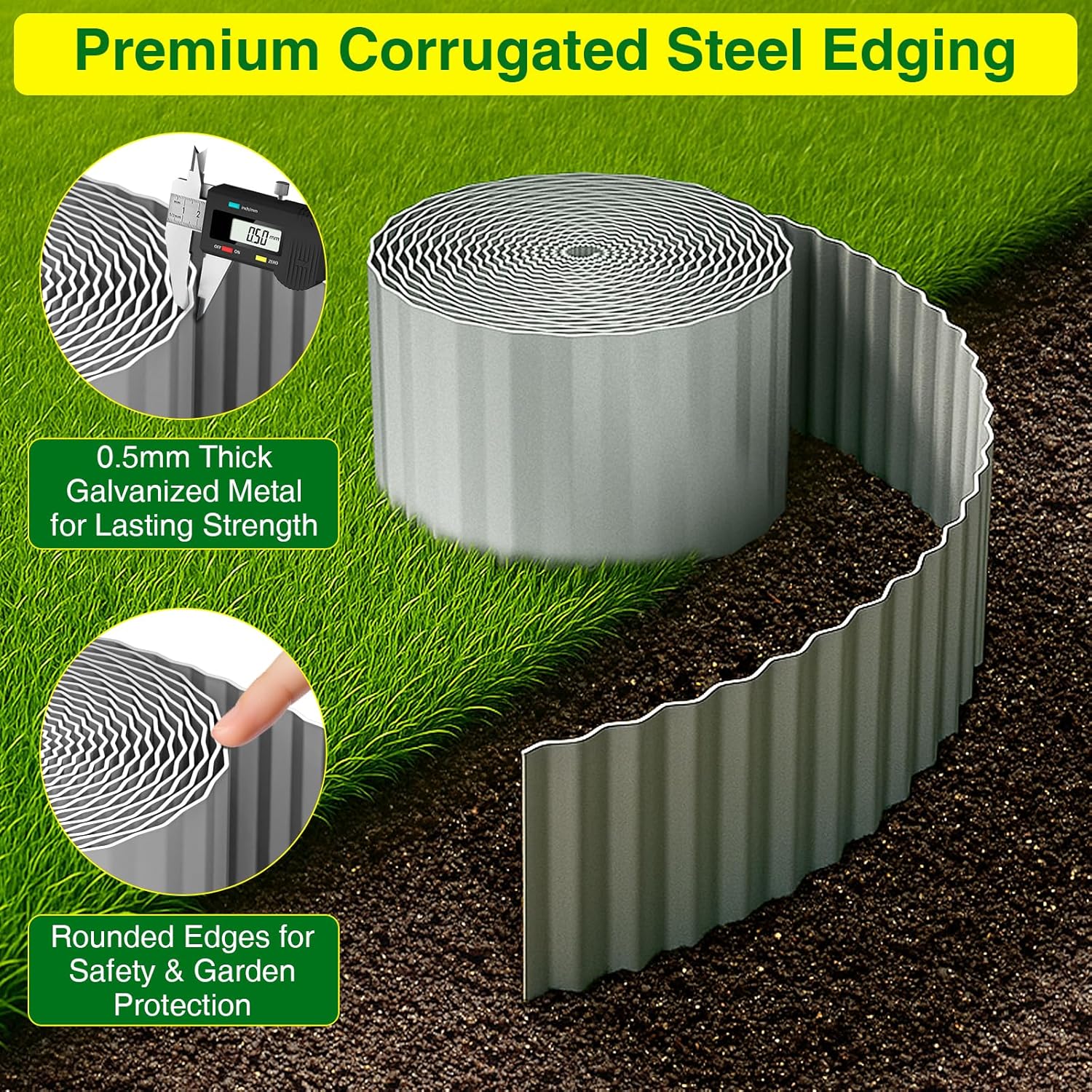 MIXC Corrugated Metal Garden Edging, Landscape Border for Lawn, Flower Bed & Paver (Silver, 8 Inch × 25FT)