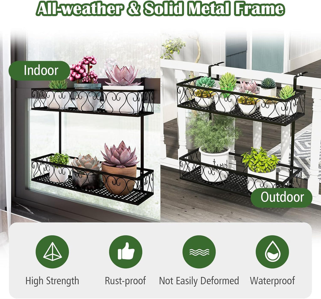 LDAILY 2-Tier Hanging Flower Rack, Hanging Flower Pot Holder w/Adjustable Hooks, Railing Basket Shelf Metal Potted Plant Container for Balcony, Porch & Fence, Easy Assembly, Black