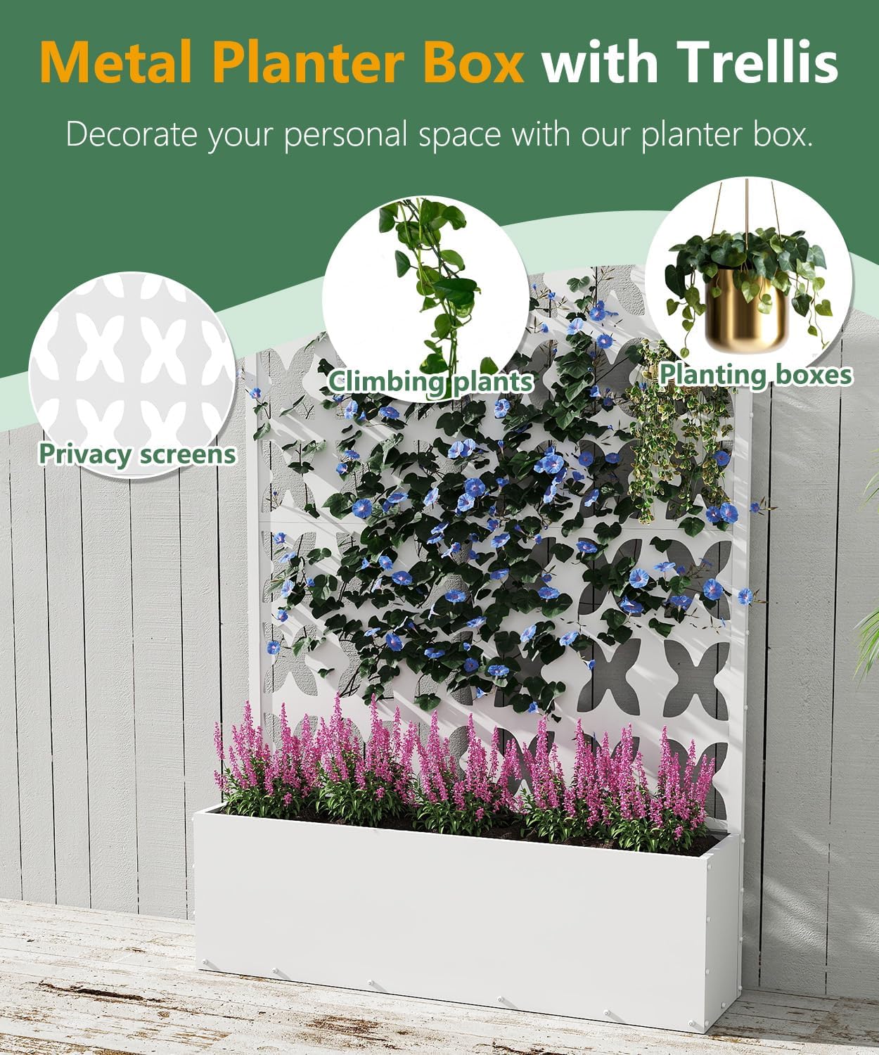 Metal Planter Box with Trellis,70.9"x47.2"x15.7" Raised Garden Bed with Drainage Holes, Privacy Planters for Outdoor Garden Bed for Climbing Plants,Vegetables,and Vines, White-X