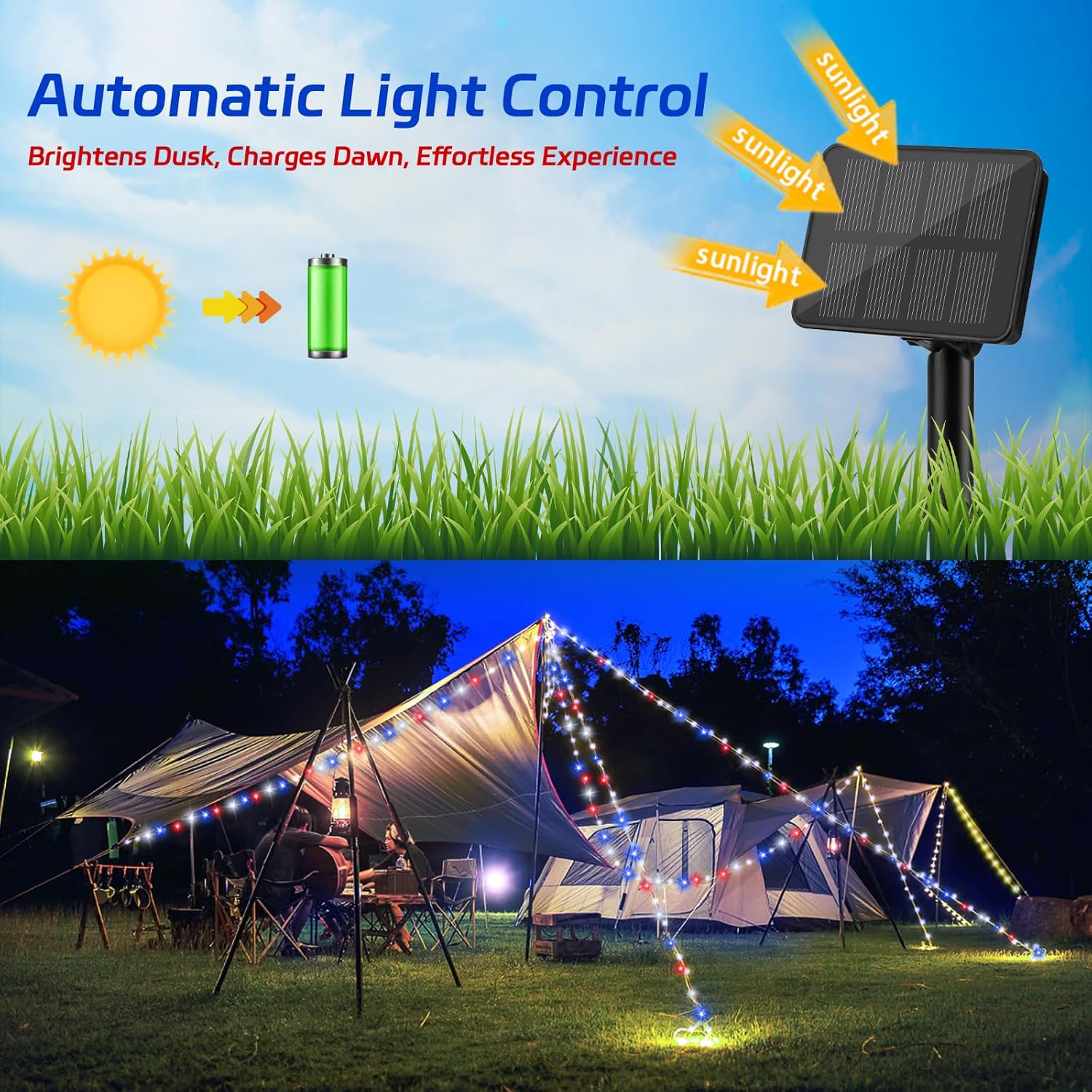 Red White and Blue Solar Fairy Lights, Memorial Day Lights Waterproof Outdoor 39.4ft 120LED 8 Modes Memory Function Independence Day Memorial Day Decorations, CS-SL-5M