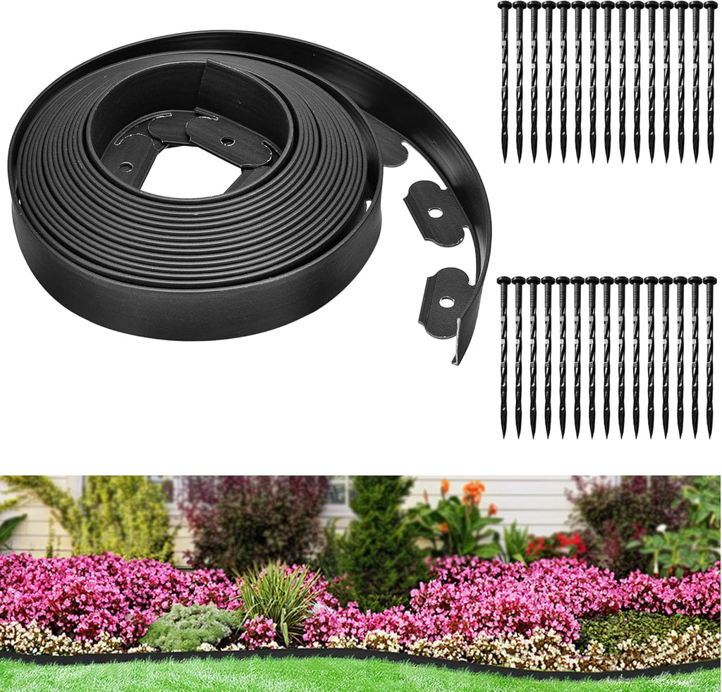 Landscape Edging Coil 33 FT, 2 Inch Tall Garden Edging Border Flexible Lawn Edging Kit with 30 Spikes, Plastic Edging for Landscaping Flower Beds Yard Pathway Paver Edging (2IN x 33FT, Black)