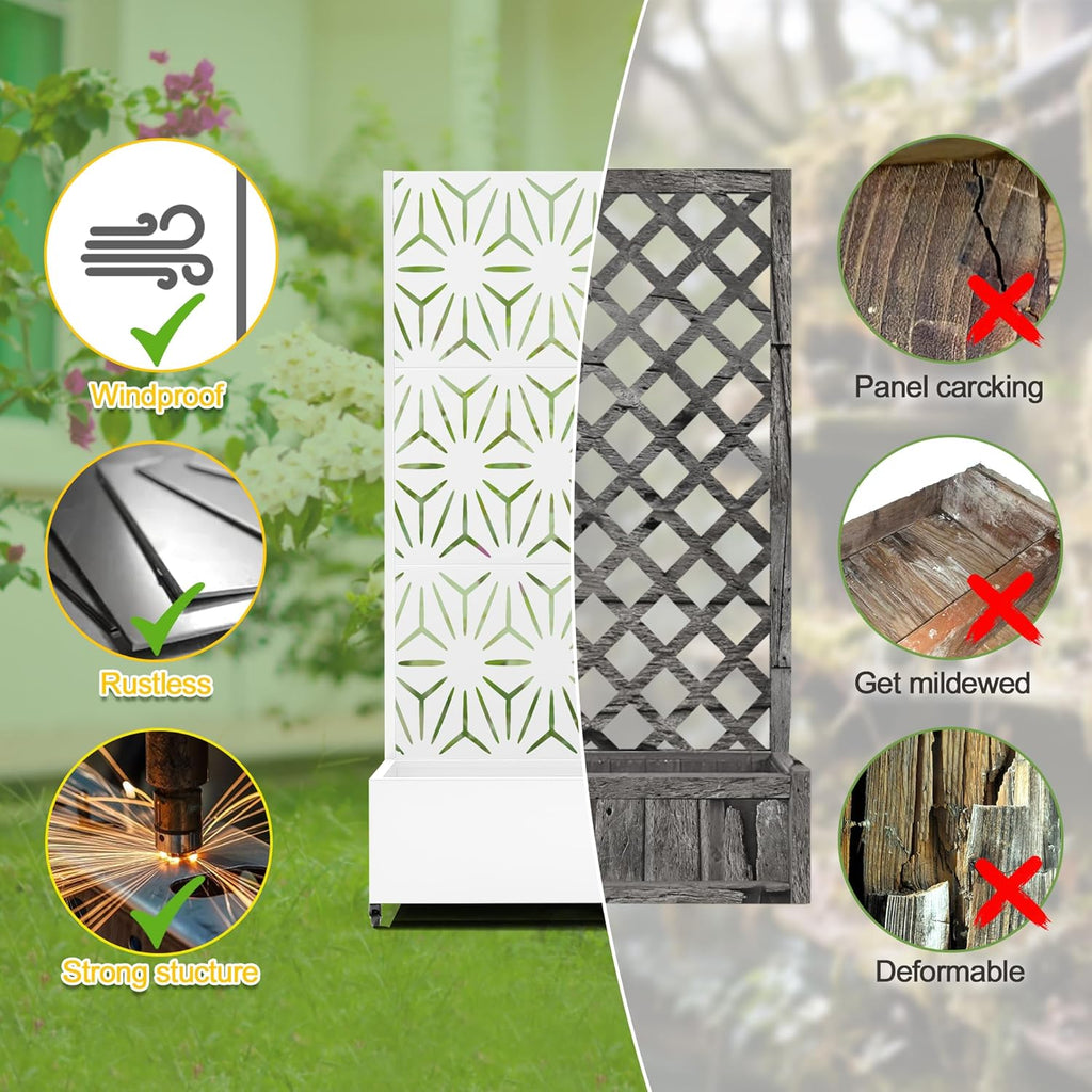 FENCY Metal Raised Garden Bed with Wheels and Trellis,73"x35"x16" Planter Box for Climbing Plants, Vegetables & Vines, Features Privacy Screen and Drainage Holes (White-Star)