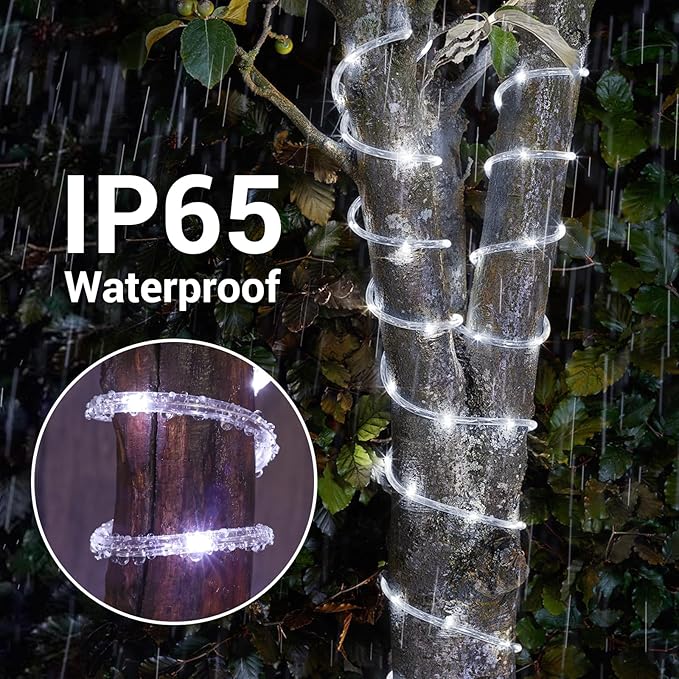 Solar Rope Lights, 2 Packs 66ft 200LED Solar String Lights, 8 Modes Waterproof Solar Powered Outdoor Lights, Flexible Clear Tube Light for Garden, Backyard, Patio, Deck, Porch, Pool,Tree Decor -White