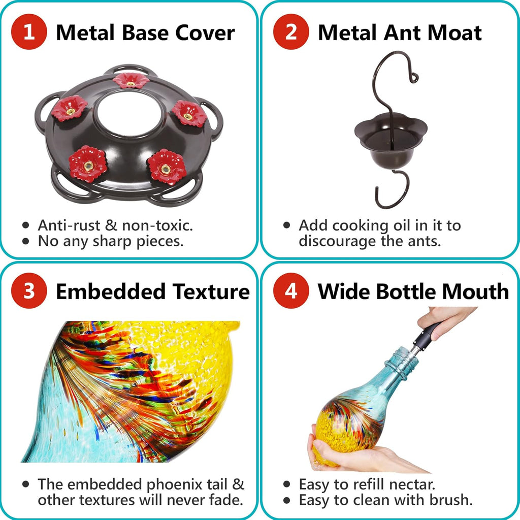 LUJII Hand Blown Glass Hummingbird Feeder for Outdoors with Ant Moat, Leak Proof & Rustproof, 25 fl.oz, Metal Base Cover with 5 Feeding Ports & Perches, Glass Art for Garden Decor (Blue Mixed Yellow)